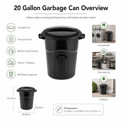 Round 20 Gallon Heavy Duty Plastic Trash Can with Locking Lid - Black