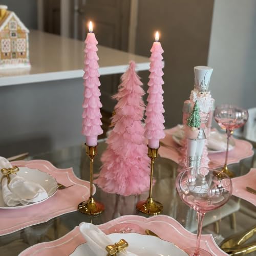 Pink Christmas Tree Candles Set of 2 - 10 Inch Tree-Shaped Taper Candles