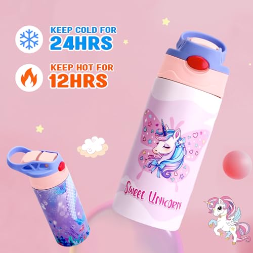 DOPHCOZFFY Kids Insulated Water Bottle, 12.6 oz Stainless Steel Water Bottle, Double Wall Toddler Water Bottle, Water Bottles for Kids BPA-Free for School Boys Girls (2PCS-pinkA+unicorn)