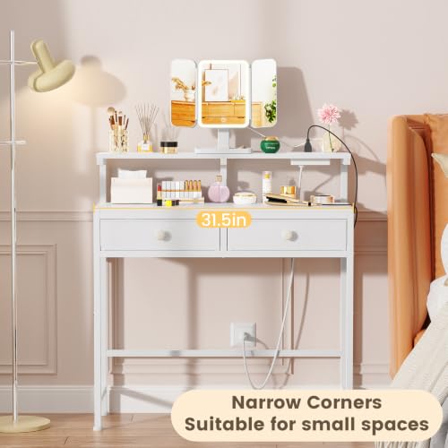 Small Vanity Desk with Rotating Mirror & Power Outlets – 2 Drawers, 31.5"
