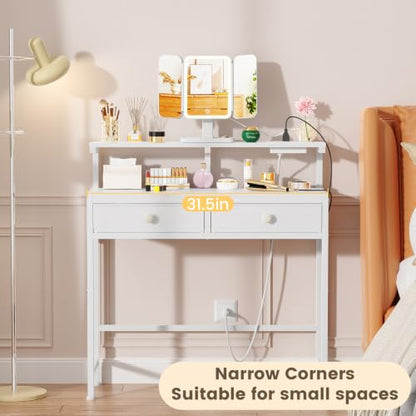 Small Vanity Desk with Rotating Mirror & Power Outlets – 2 Drawers, 31.5"