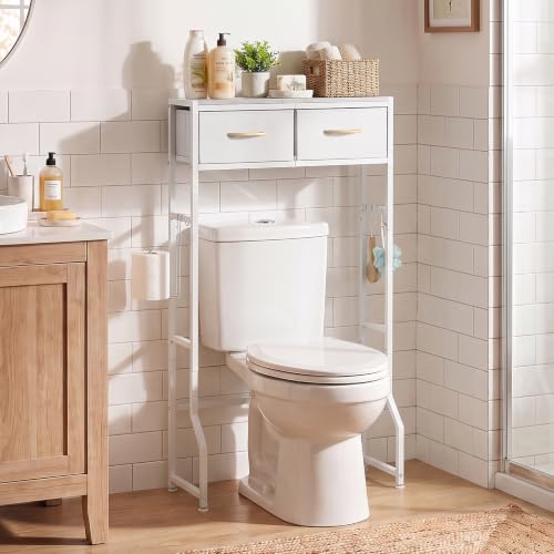 White Over The Toilet Storage Cabinet with 2 Fabric Drawers Bathroom Organizer
