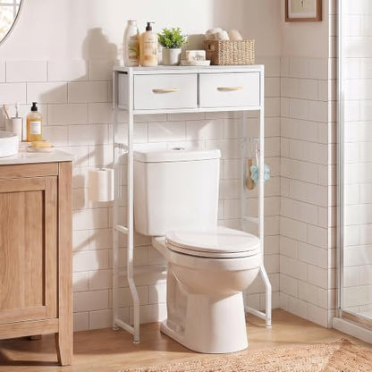 White Over The Toilet Storage Cabinet with 2 Fabric Drawers Bathroom Organizer