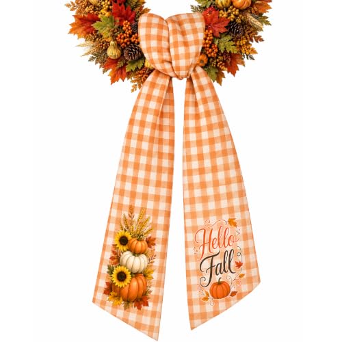 Fall Wreath Sash for Front Door - Orange and White Plaid Satin Decor - Variation of THIS listing