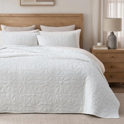 Queen Size Cotton Quilt Set with Floral Stitching - Bright White, 100% Cotton