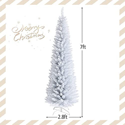 7Ft Slim Artificial Christmas Tree with 436 Tips, White, Hinged Design & Metal Stand