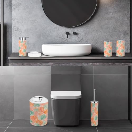 6-Piece Bathroom Accessory Set with Monstera Leaves - Tropical Bathroom Decor