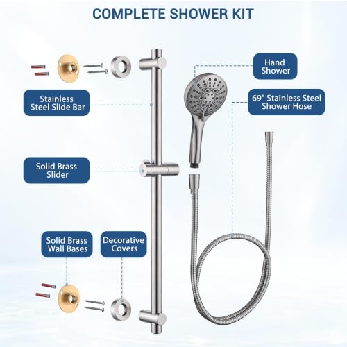 Brushed Nickel Handheld Shower Head with Slide Bar - 9 Spray Modes & Brass Holder