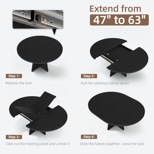 Extendable Round Dining Table 47.24-63 Inches Black - Seats 4-8