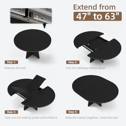 Extendable Round Dining Table 47.24-63 Inches Black - Seats 4-8
