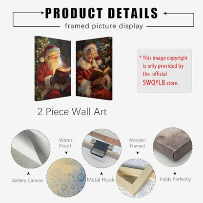 Christmas Wall Art Santa and Mrs Claus Canvas Prints 16x24 Inches - Framed Holiday Decor Set of 2