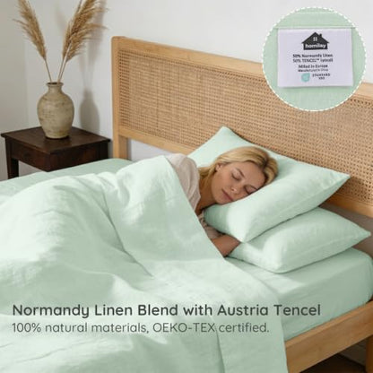 King Size French Linen Blend Sheets with Austria Tencel - Sage Green, Skin-Friendly, Deep Pocket fitted set