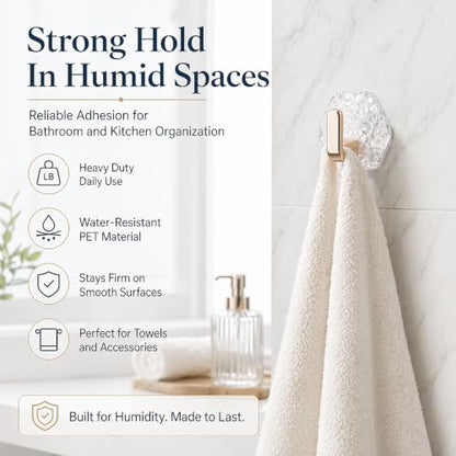 Gold Glacier Ripple Hexagonal Self-Adhesive Hooks 24PCS - Waterproof Heavy Duty Home Organizer
