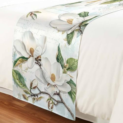 94x20in White Magnolia Flower Bed Runner for King Bed - Decorative Bed Scarf
