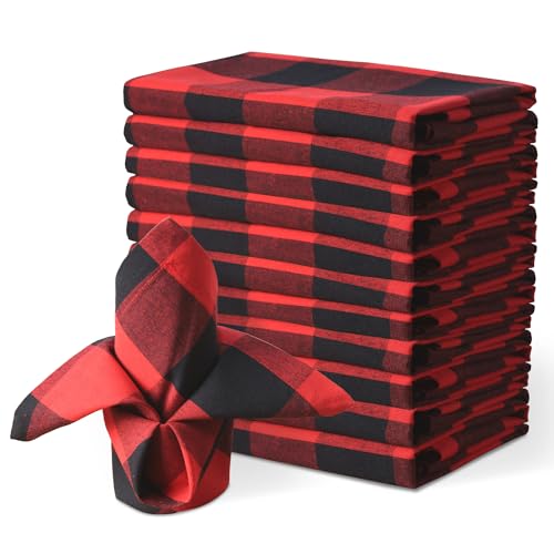 BETRIC Christmas Plaid Cloth Napkins Set of 12 - 20 x 20 Inch Red & Black