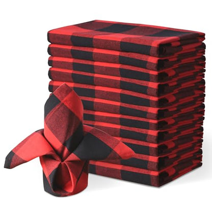 BETRIC Christmas Plaid Cloth Napkins Set of 12 - 20 x 20 Inch Red & Black