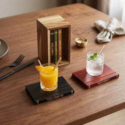 Acacia Wood Drink Coasters with Holder - Set of 5 for Coffee Table & Bar Decor