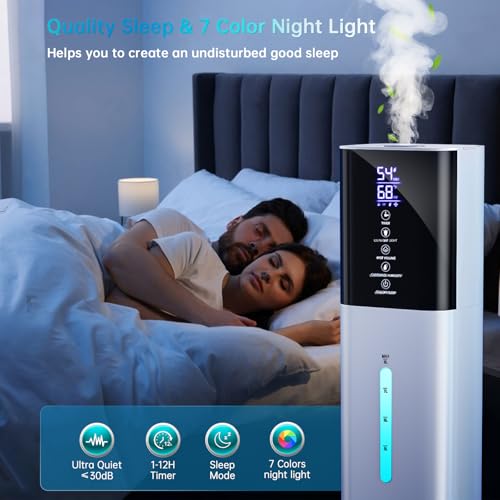 White Large Room Humidifier 8L with Night Light & Timer - Quiet Cool Mist