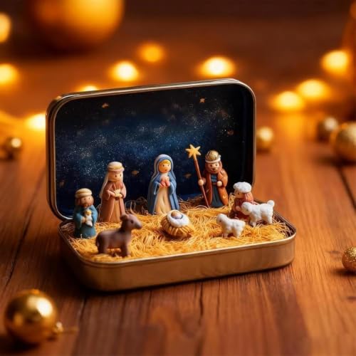 Mini Nativity Scene Set in Tin Box - Handcrafted Holy Family Figurines - Portable Christmas Decor - Variation #a