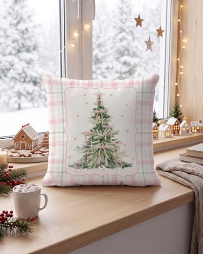 Pink Ribbon Christmas Tree Pillow Cover 18x18 - Holiday Decor with Plaid Border