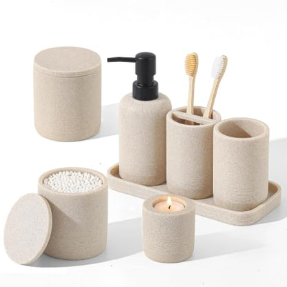 7 PCS Bathroom Accessories Set with Candle Holder & Black Pump Head - Sandstone Look