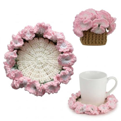 Pink Carnations Crochet Coaster Set - Potted Flower Decor, Handmade