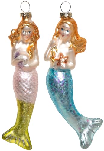 Blown Glass Mermaid Christmas Ornaments - Set of 2 Holiday Tree Decorations