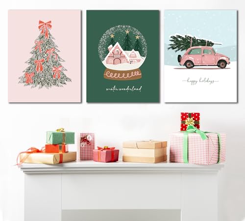 Pink Christmas Wall Art Set of 3 Vintage Holiday Posters 11x14 Inches