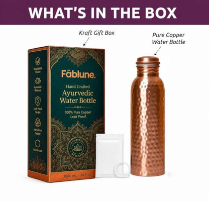 Pure Copper Water Bottle 34oz - Handcrafted Hammered Ayurvedic Drinking Bottle for Daily Hydration
