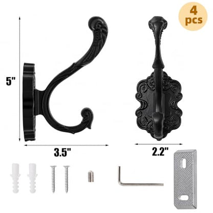 Vintage Black Coat Hook Set - 4 Heavy Duty Wall Hooks for Organizing