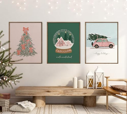 Pink Christmas Wall Art Set of 3 Vintage Holiday Posters 11x14 Inches