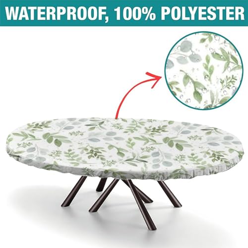 Fitted Floral Teal Sage Green Oval Tablecloth - 68" x 48" Polyester Outdoor Cover - Elastic Edge for Picnic & Party