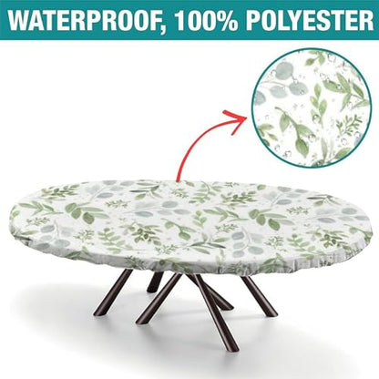 Fitted Floral Teal Sage Green Oval Tablecloth - 68" x 48" Polyester Outdoor Cover - Elastic Edge for Picnic & Party