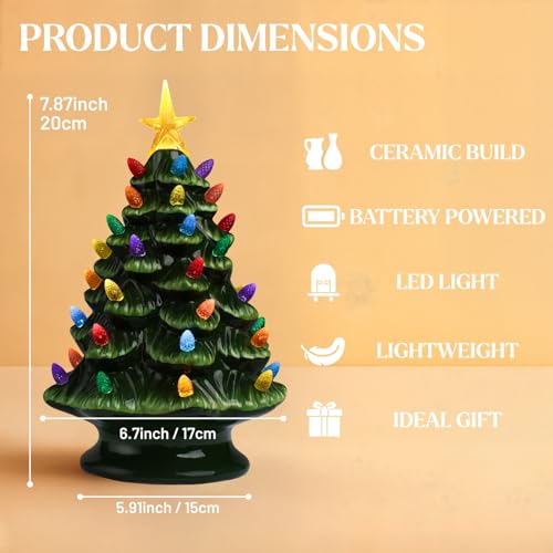 Green Ceramic Christmas Tree with Lights for Tabletop Holiday Decor - 6 Inches
