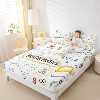 Math Formula Kids Fitted Sheet Queen Size - Beige Yellow Variation