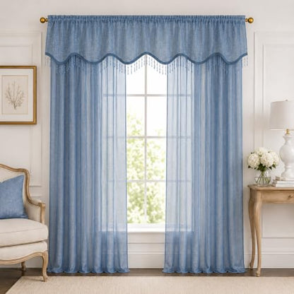 Blue Metallic Sheer Window Curtains & Beaded Valances Set - 4 Piece Home Decor