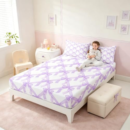 Kids Full Size Bed Sheet Set with Bowknot & Heart Pattern - Purple White, Deep Pocket, 3 Pieces - Manfei