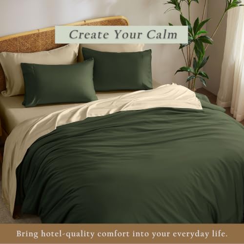 TOSMO Luxury Bamboo Duvet Cover Set Queen Olive 3-Piece