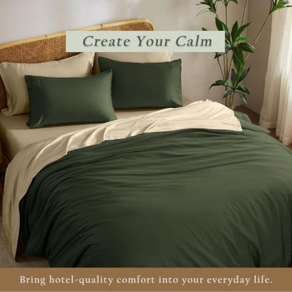 TOSMO Luxury Bamboo Duvet Cover Set Queen Olive 3-Piece