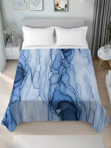 Twin Flat Sheet Blue Marble Veins - Microfiber Bed Bedding for All Seasons - LooPoP