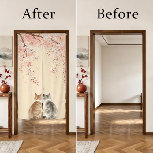 Japanese Noren Doorway Curtain Cherry Blossom Ink Cat Design 33.5x59 Inch - Pink Grey