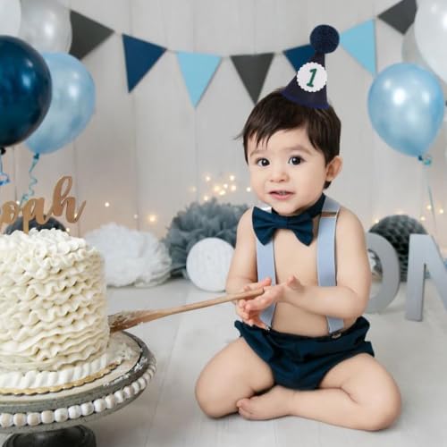 Baby Birthday Party Hat - Felt with Pom-Pom - Dark Blue, Ages 1-12