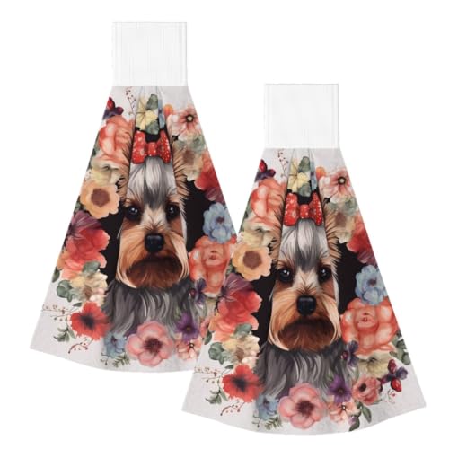 2pcs Absorbent Hanging Kitchen Hand Towels with Loop - Yorkie Floral Pattern