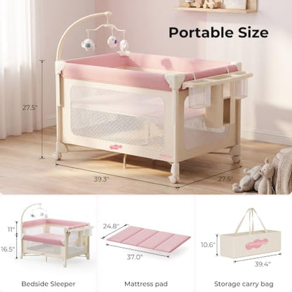 Pamo Babe 5-in-1 Portable Bedside Crib Playard with Mattress - Pink