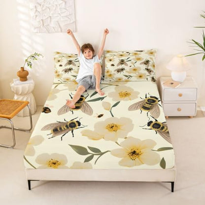 Kids Queen Size Floral Fitted Sheet Set with Pillowcases - Yellow, 60x80 Inches