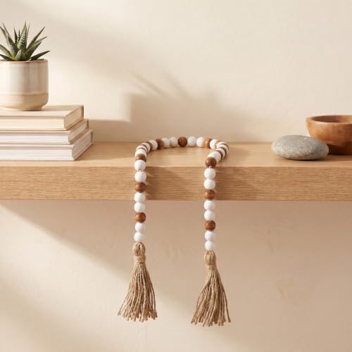 Wood Bead Garland - 39 Inch Farmhouse Boho Wall Decor with Jute Tassels