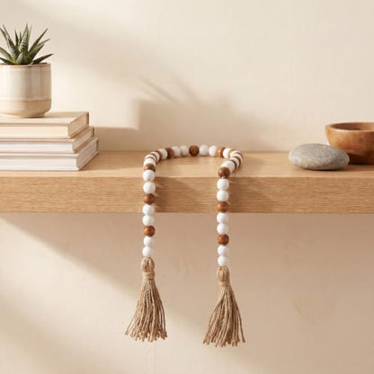 Wood Bead Garland - 39 Inch Farmhouse Boho Wall Decor with Jute Tassels