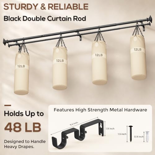 Black Square Double Curtain Rod 36-122 Inch - Modern Metal Drapery Hardware