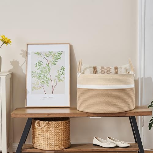KAKAMAY Large Blanket Basket (20"x13"),Woven Baskets for storage Baby Laundry Hamper, Cotton Rope Blanket Basket for Living Room, Laundry, Nursery, Pillows, Baby Toy chest (White and Brown)