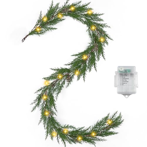 Green Christmas Cedar Garland 6 Ft Prelit with Pinecones & Lights